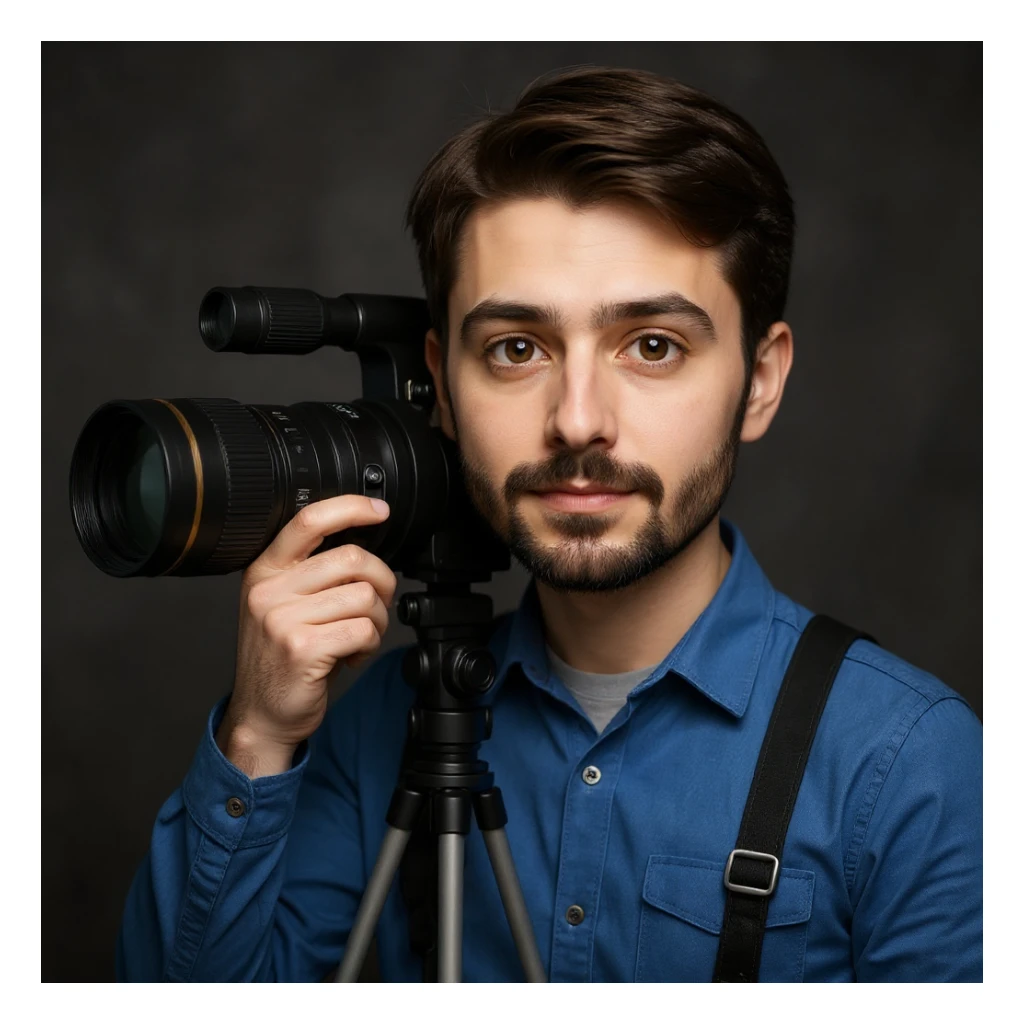 Make the photographer have dark hair and a medium size beard, keep the telezoom lens, and no background. sticker