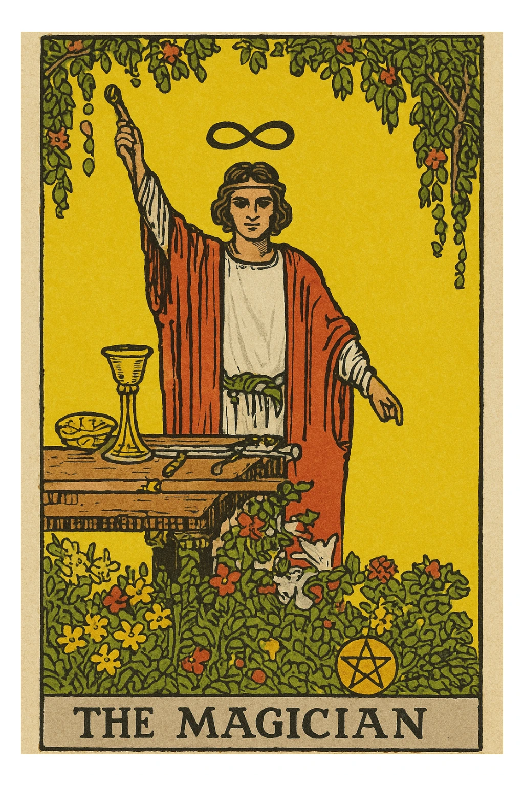 the magician tarot card, classic Rider-Waite style, magician in red and white robes, infinity symbol above head, table with tarot symbols sticker