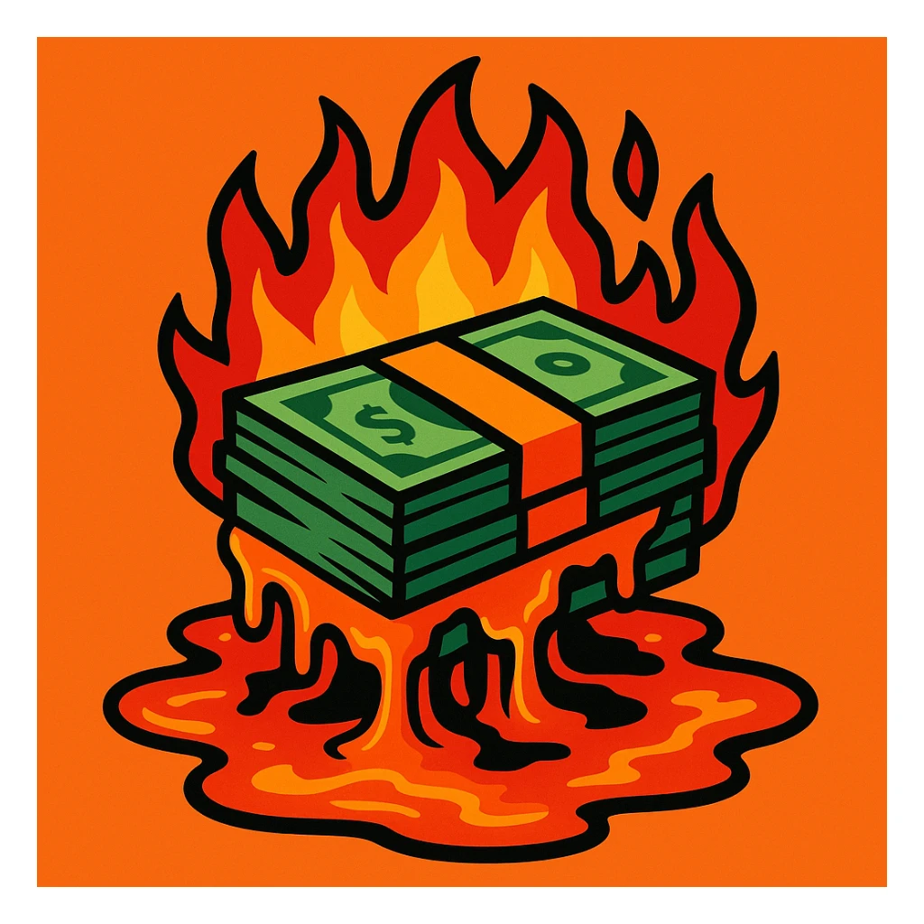 a stack of cash on fire, turning into molten lava, dynamic, bold sticker