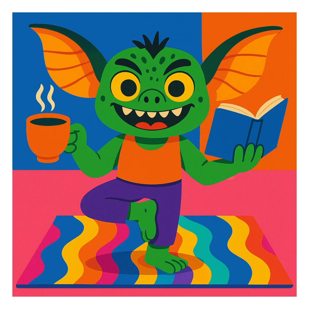 Add a colorful yoga mat under the gremlin, maintaining the whimsical style with vibrant colors and playful details. sticker