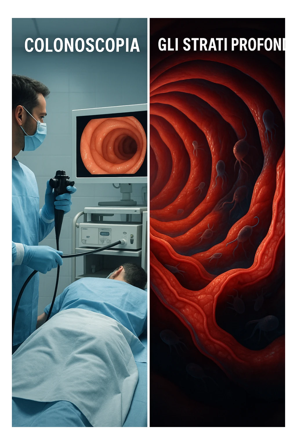 A split-screen medical illustration in cinematic style: on the left side, a doctor performing a colonoscopy on a patient in a sterile clinic, with the endoscopic camera displaying clean, healthy mucosal surfaces on a screen. On the right side, a symbolic cross-section of the same intestine — but shown in deeper layers beneath the surface, where parasitic organisms (small, translucent or shadowy figures) hide between folds and tissues not visible via standard scope. The contrast is clear: what is seen vs. what remains hidden. Lighting on the left is bright, sterile, clinical; lighting on the right is darker, with red and blue tones to suggest inflammation and invasion. Shot in hyper-realistic 3D medical style, educational but emotionally charged IN ITALIANO sticker