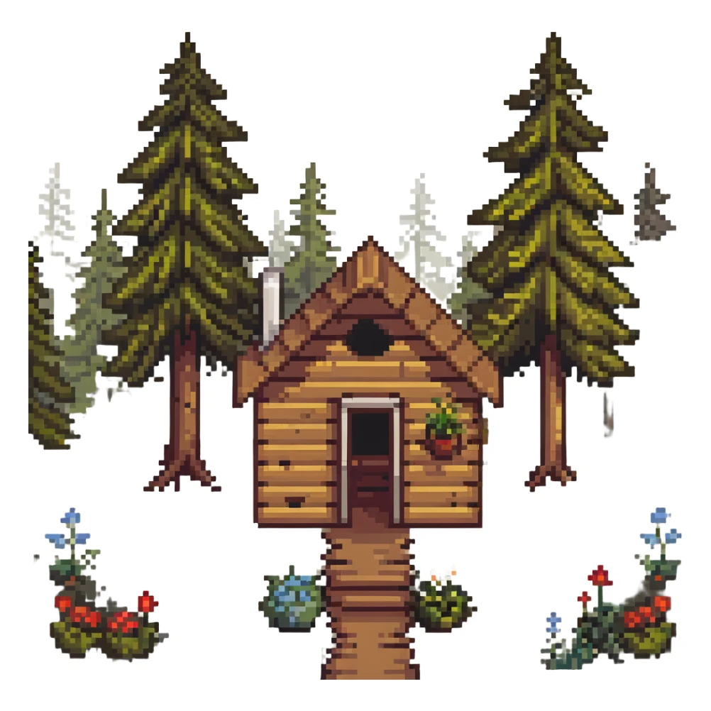 wooden cabin in forest clearing with small garden sticker