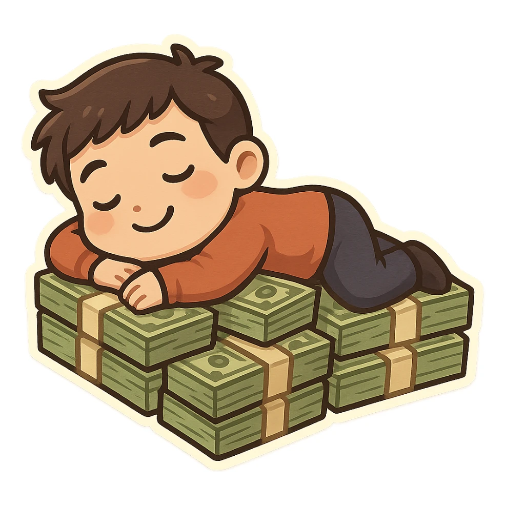 happy person napping on mattress of money sticker