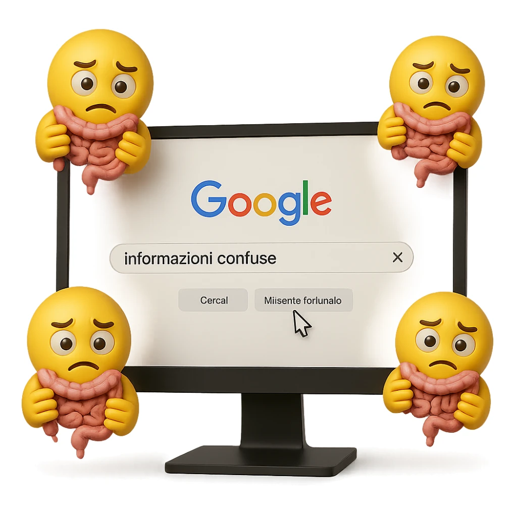 SCHERMO DI PC CON LA SCRITTA "informazioni confuse" SULLA BARRA DI RICERCA GOOGLE SULLO SCHERMO E IL CLICK DEL MOUSE SULLA SCRITTA CERCA, stile emoji iphone fluttuano in aria stringendo in mano un pezzo di colon intestinale, iperrealistico 4k sticker
