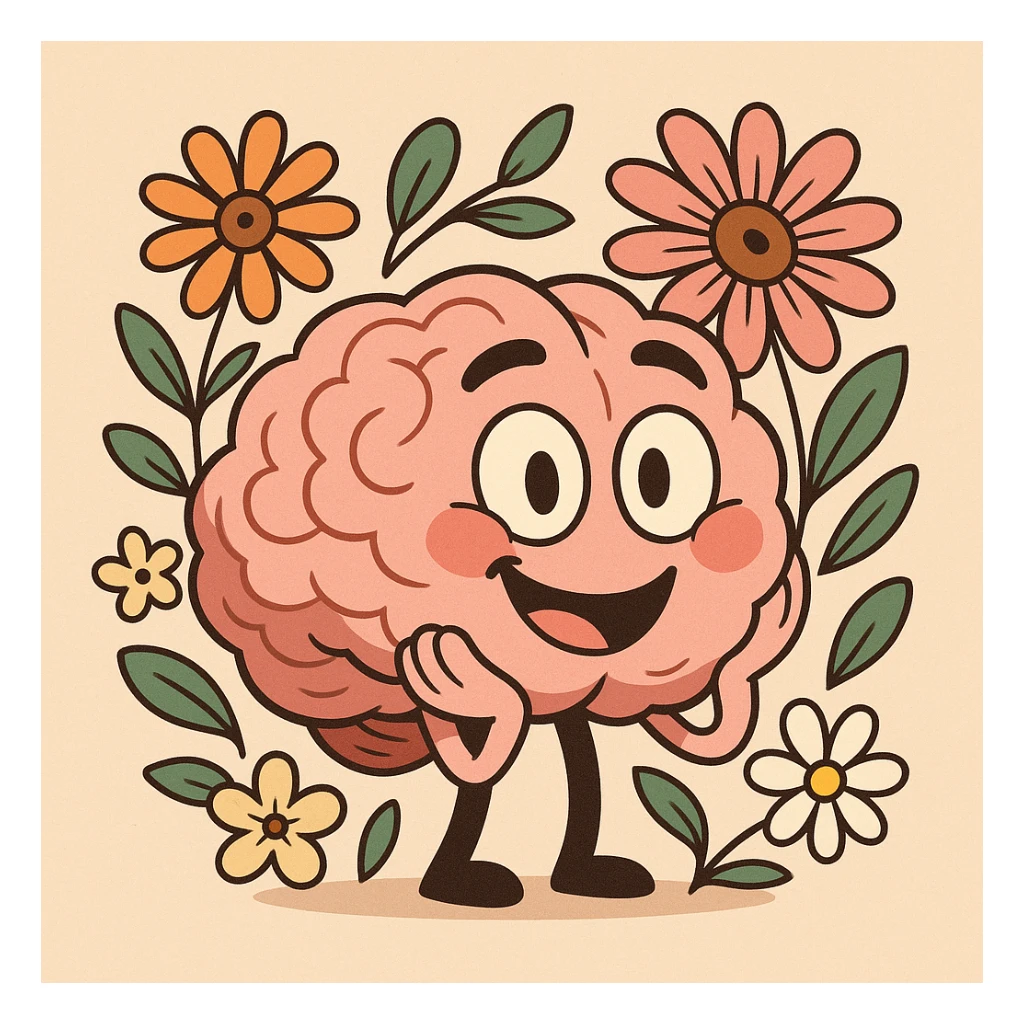 cartoon style, smiling brain surrounded by flowers, positive atmosphere, mental health sticker