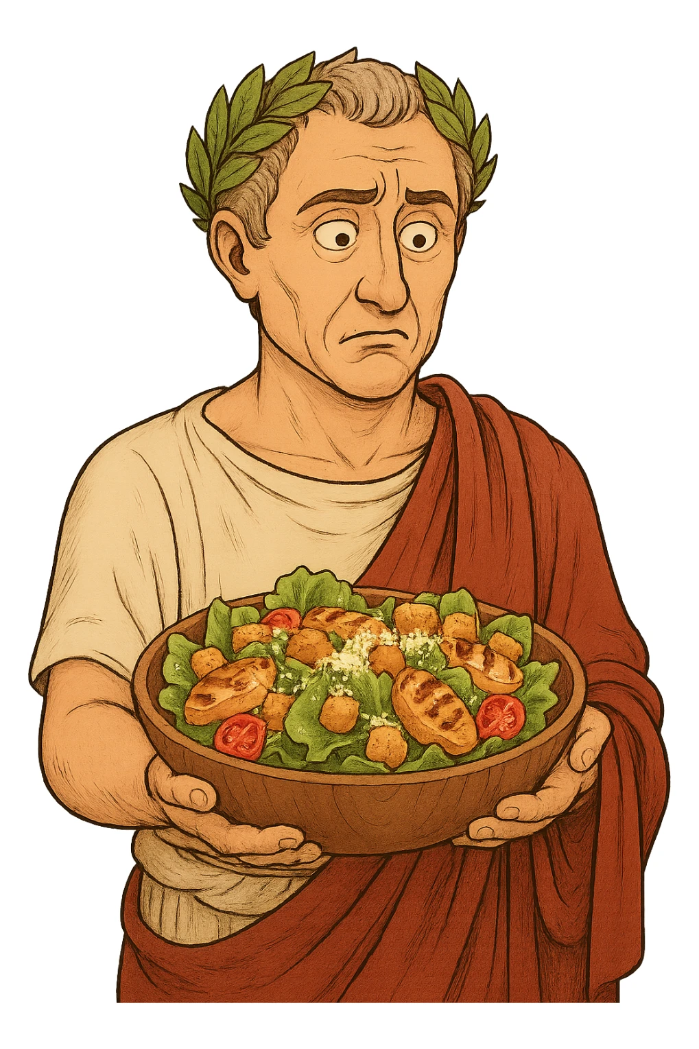 Используя такую стилистику сгенерируй Императора Цезаря, который задумчиво и удивленно держит в руках тарелку с салатом Цезарь, прозрачный фон sticker