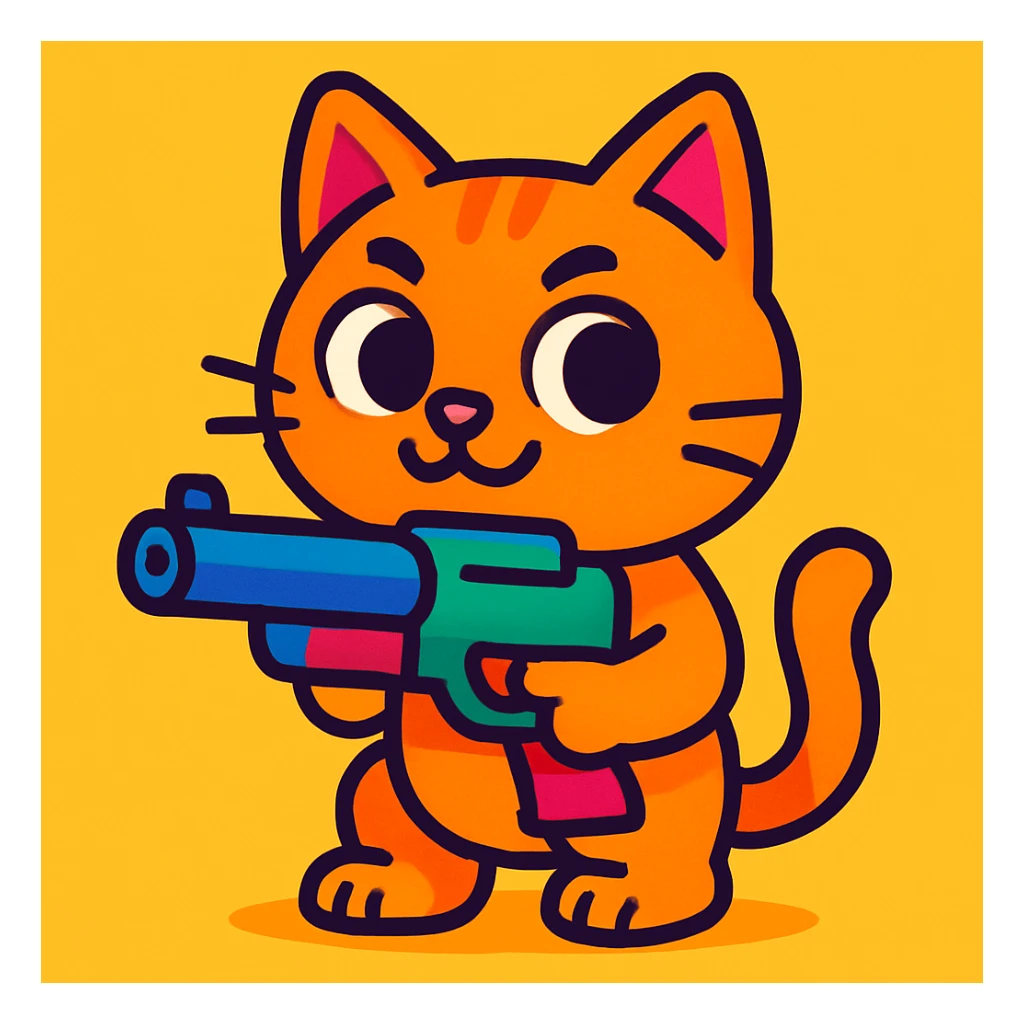 cartoon style little cat holding a gun, bright colors sticker