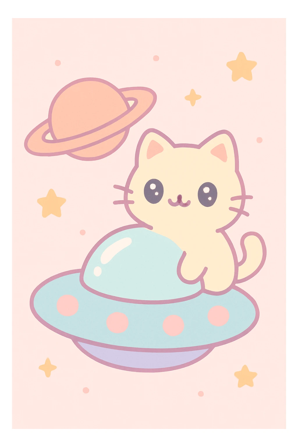 a cat perched on a UFO, Saturn's rings visible, cute illustration sticker