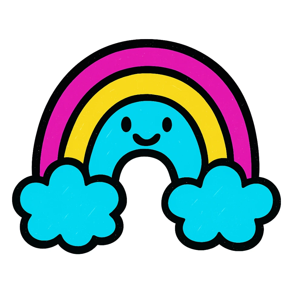 a cheerful rainbow with clouds, vivid and lively, pop colors style sticker