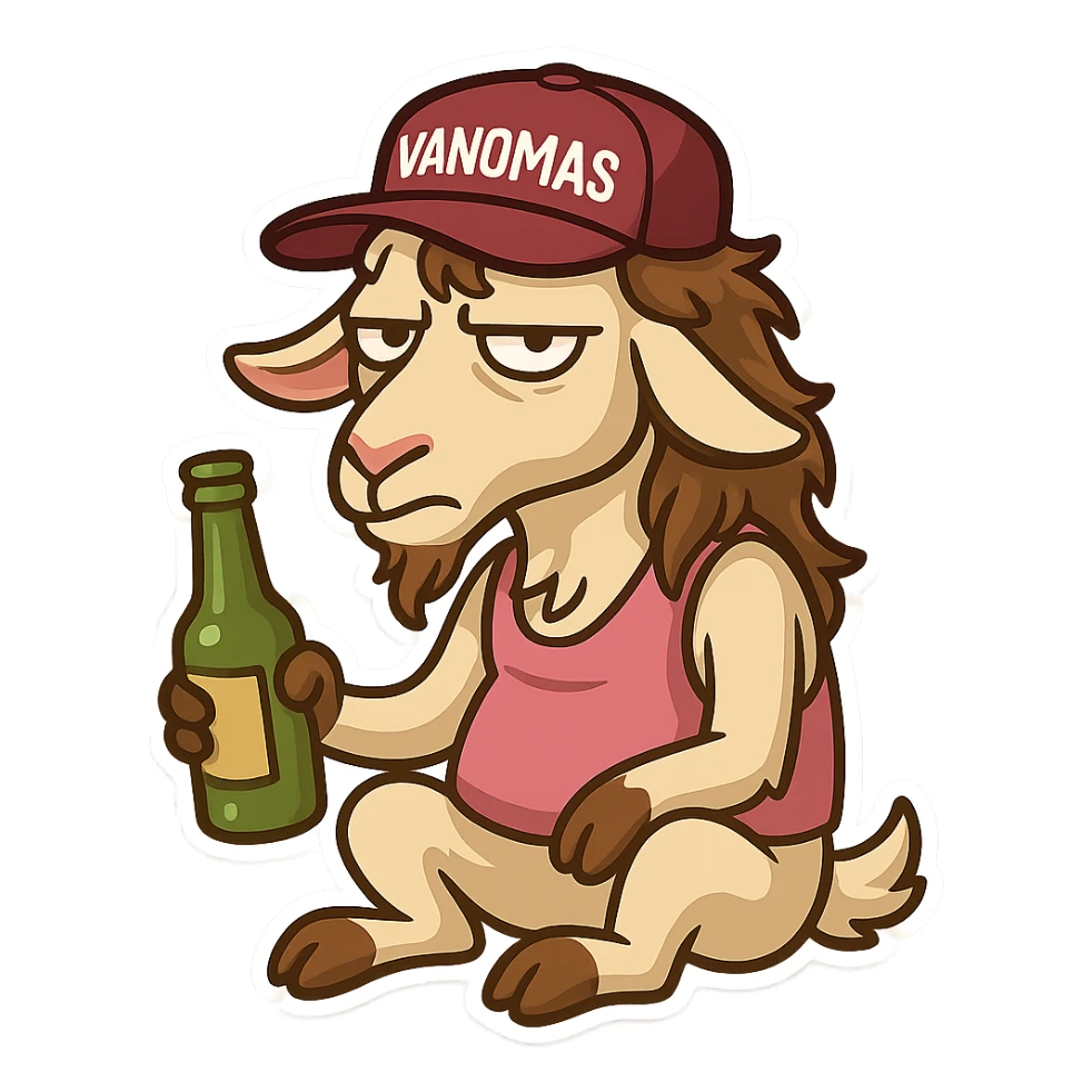 сгенерируй стикеры с козлом в стиле телеграм. козел держит бутылку с пивом в кепке "VANOMAS" и сидит в розовой майке-алкашке. прическа - малет. фон прозрачный sticker