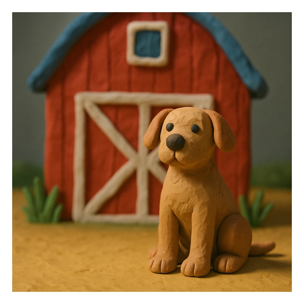 barn dog sitting in front of a red barn, visible fingerprints, matte plasticine look, claymation style sticker
