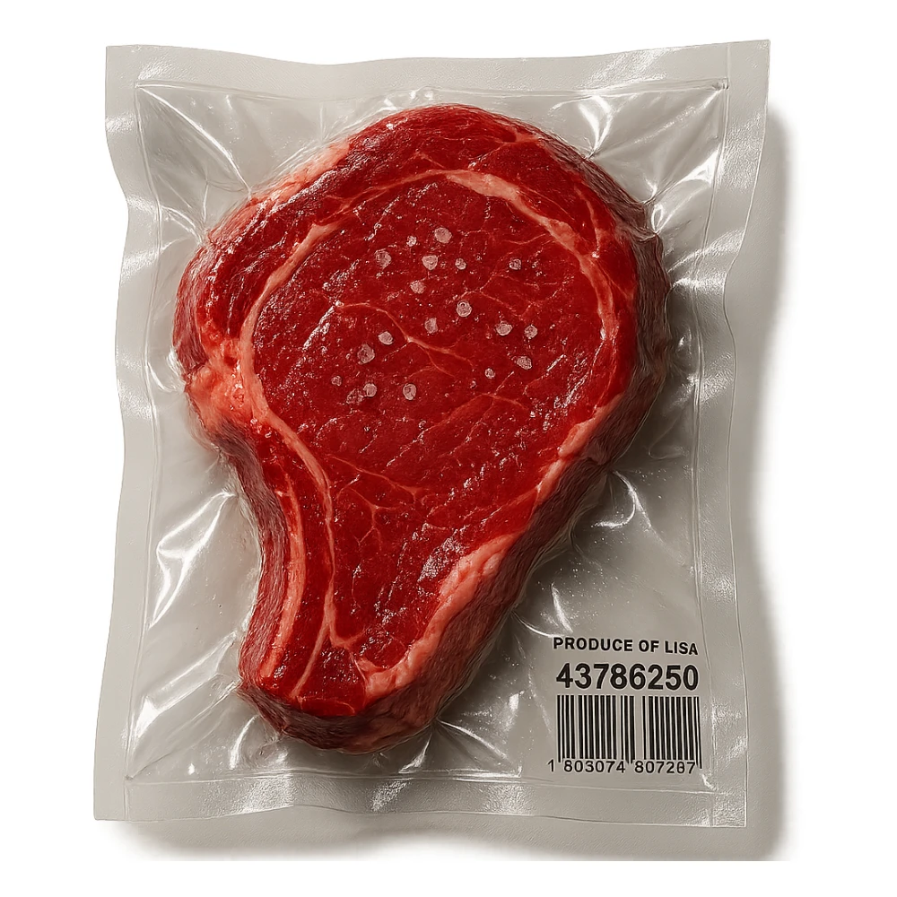 steak with small crystals on top, glossy and puffy, vacuum-sealed style sticker