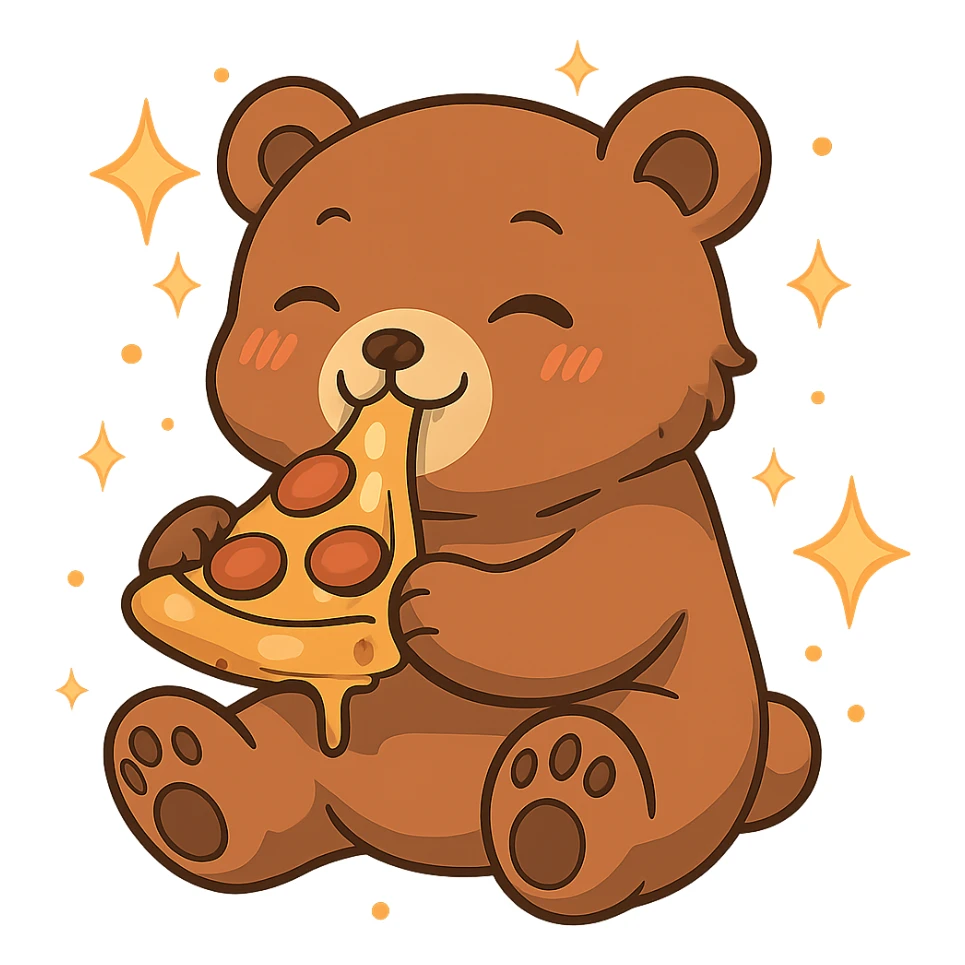 Add magical sparkles around the chibi bear eating pizza. Keep the image with no background. sticker