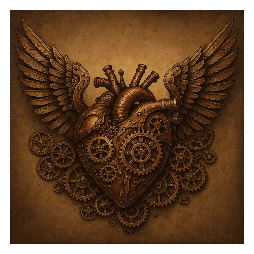 steampunk heart with mechanical wings, cogs and rivets, industrial Victorian aesthetic, detailed and artistic sticker