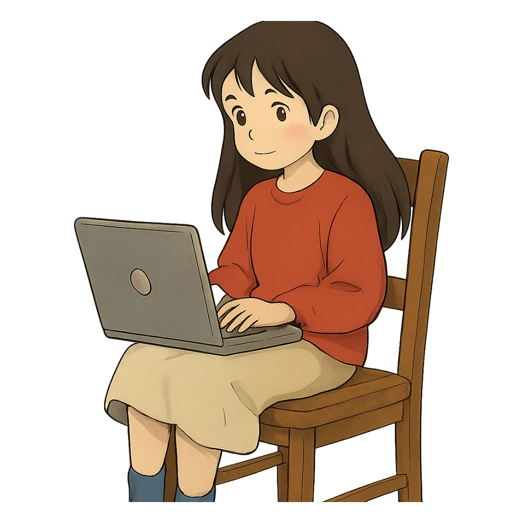 girl with long dark hair using a laptop on a chair sticker