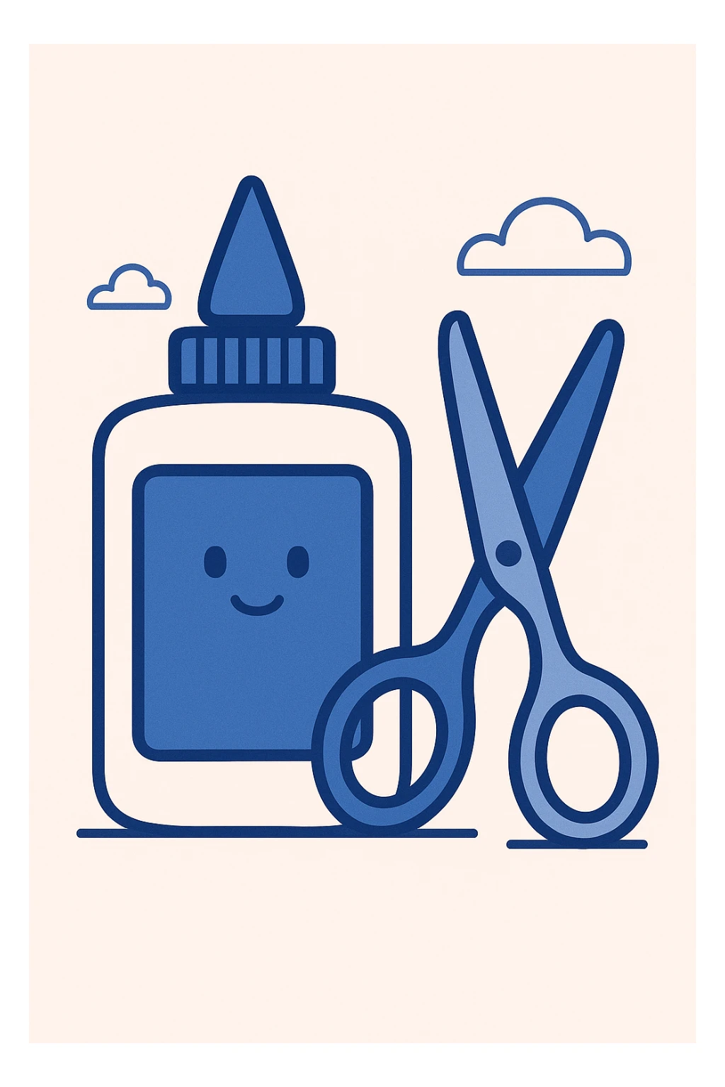 a glue bottle and scissors, flat blue illustration style sticker