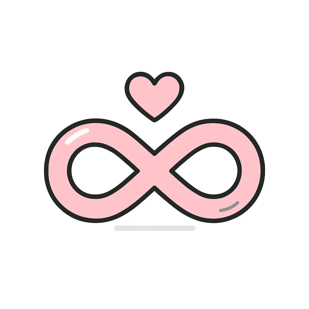 pink infinity symbol with expressive shadows and highlights, simple heart above the infinity sign, matching style, flat pink gray style sticker