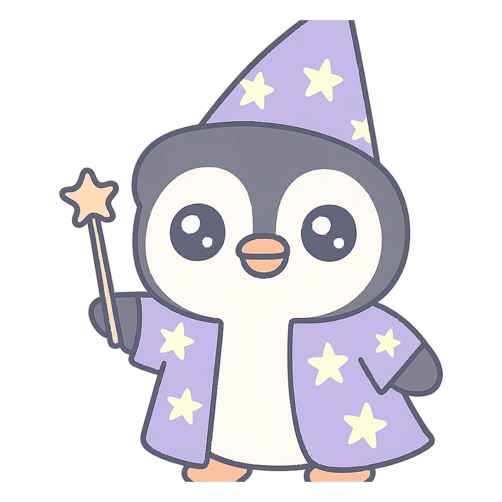 cartoon penguin wizard casting a spell wearing a starry robe and holding a wand sticker