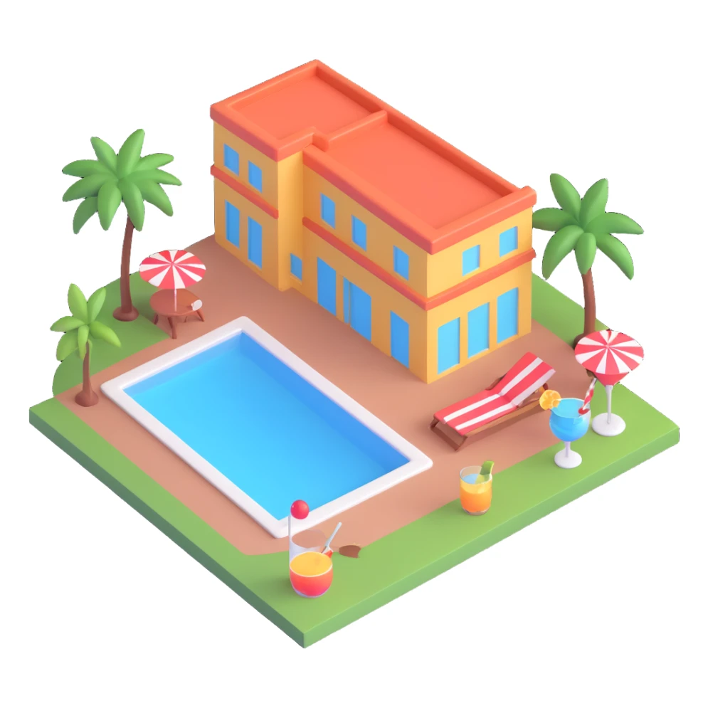 a hotel with a pool and a cocktail sticker
