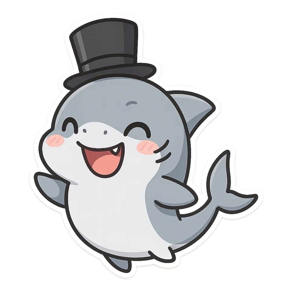 a playful shark character with a top hat, cheerful expression sticker