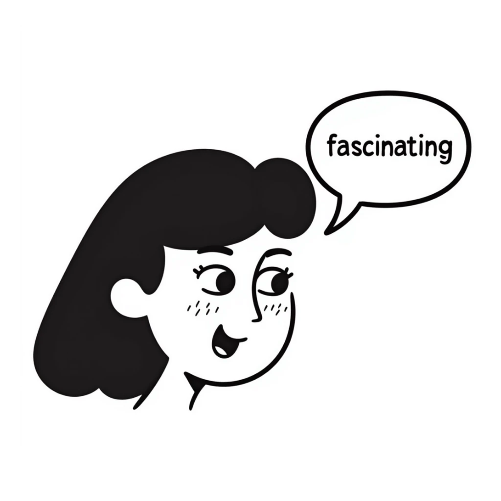 face with exaggerated eye roll and a speech bubble that says 'fascinating' in a sarcastic way sticker