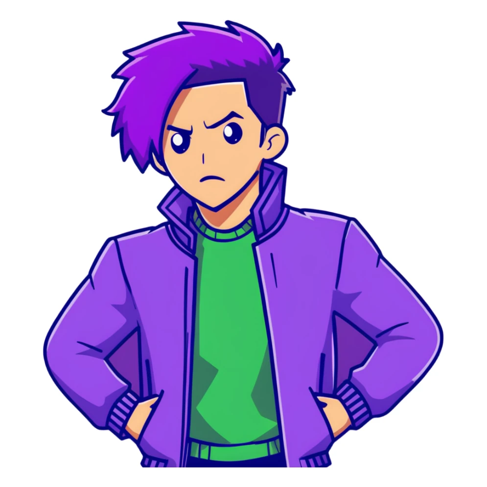 Fashionable man with purple hair and green jacket, bold expression, powerful pose inspired by Thanos sticker