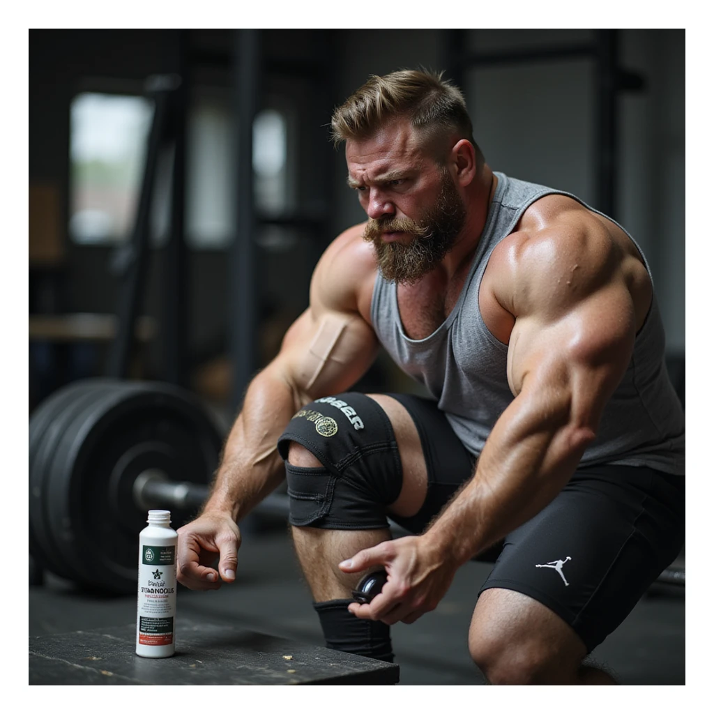 European powerlifter in competition clothing training with effort, painful expression, wearing knee brace, bottle of Stanozololo nearby, realistic details, gym background sticker