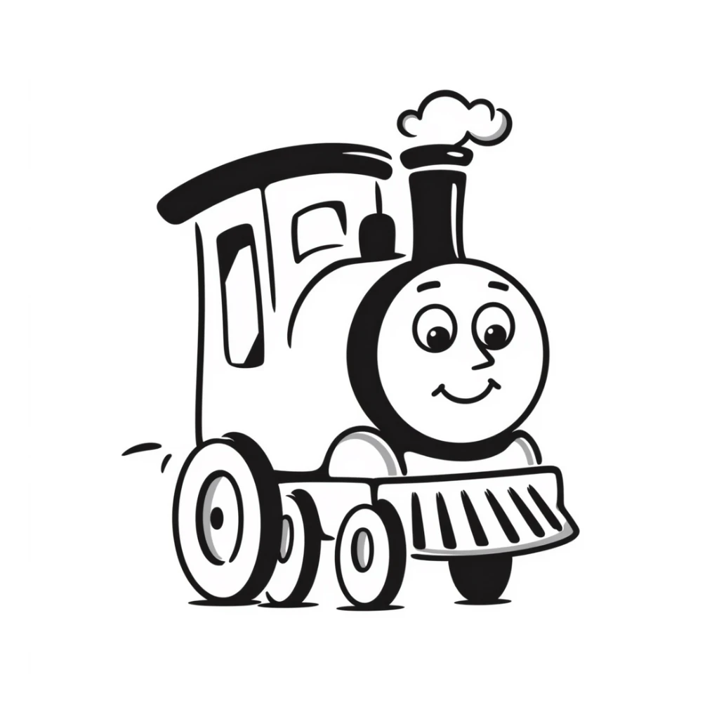 A hand-drawn toy train with a goofy happy expression and a conductor's hat sticker