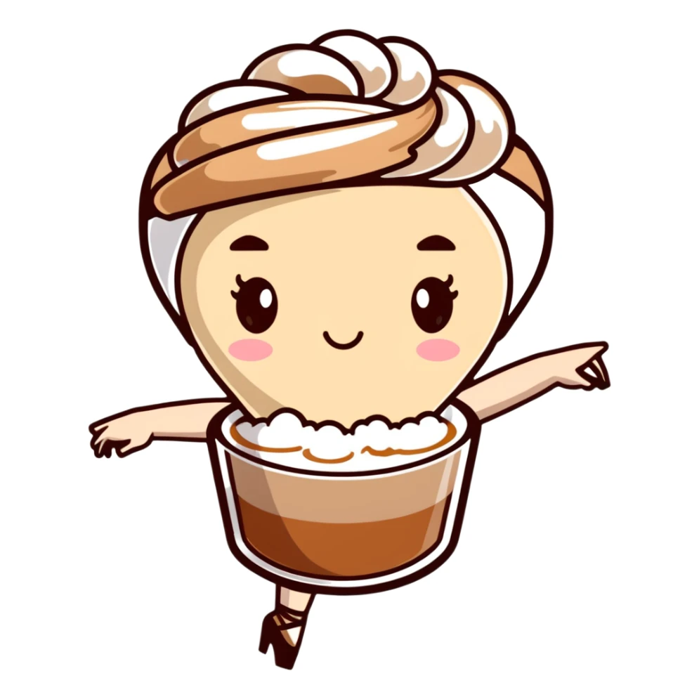 Ballerina twirling in a cappuccino cup, coffee foam creating her tutu sticker