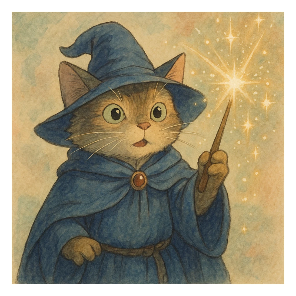 cat wizard, detailed, whimsical, soft colors, casting a sparkling spell, ghibli style sticker