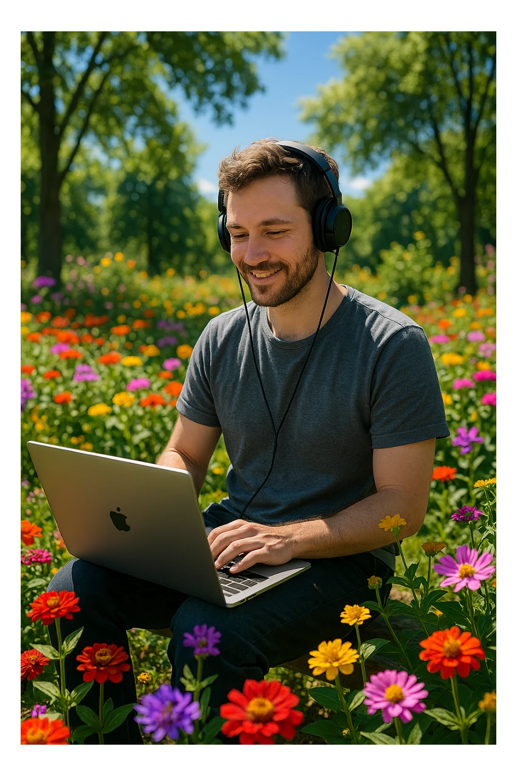 Freelancer working in garden with laptop and headphones, surrounded by flowers and trees, sunny sticker