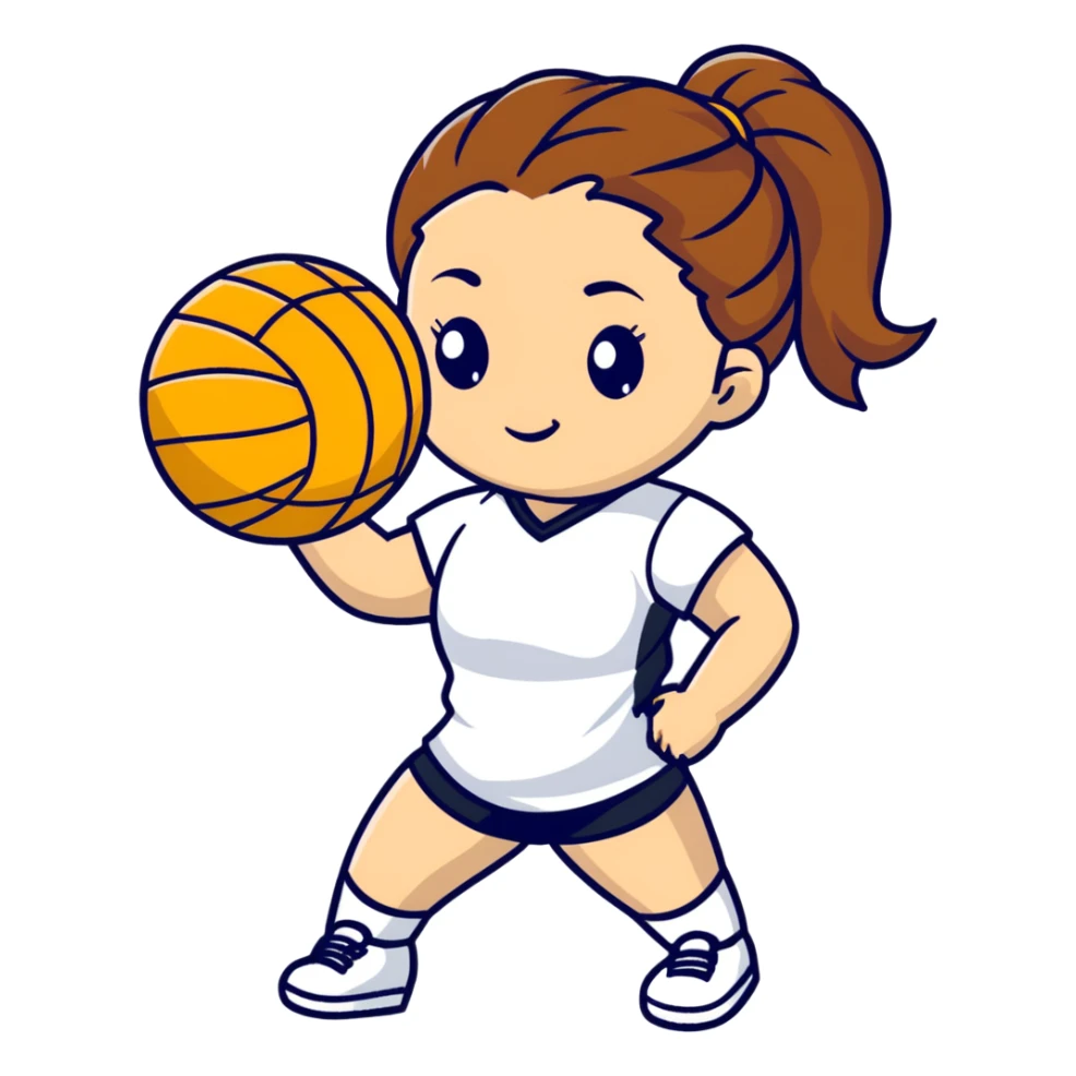 A girl with a brown pony braid holding a volleyball that looks cool sticker