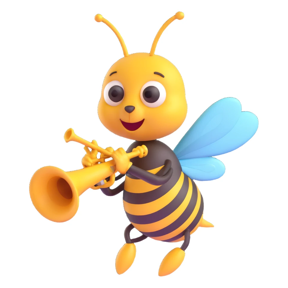 a bee blowing a trumpet, playful and lively sticker