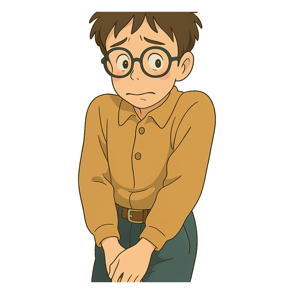 ghibli style dorky character with glasses, shy pose sticker