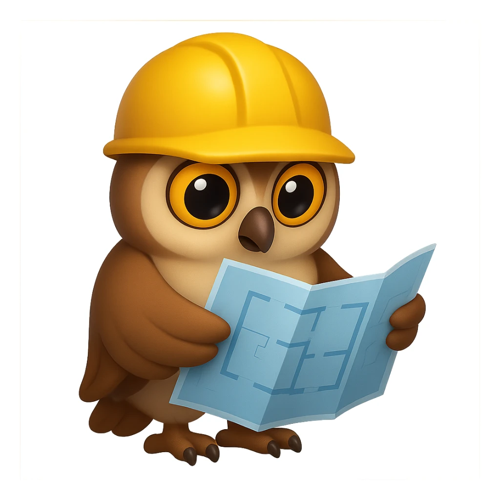 В стилистике эмоджи сгенерируй сову, которая увлеченно держит в крыльях развернутый план и смотрит в него, а на голове у нее каска строителя, прозрачный фон sticker