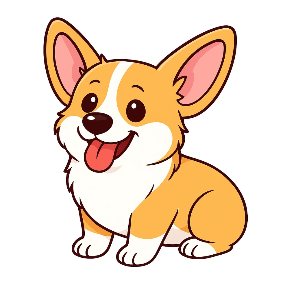 изобразить моего корги, сохранив внешность и телосложение в позе и эмоции как на первом референсе sticker