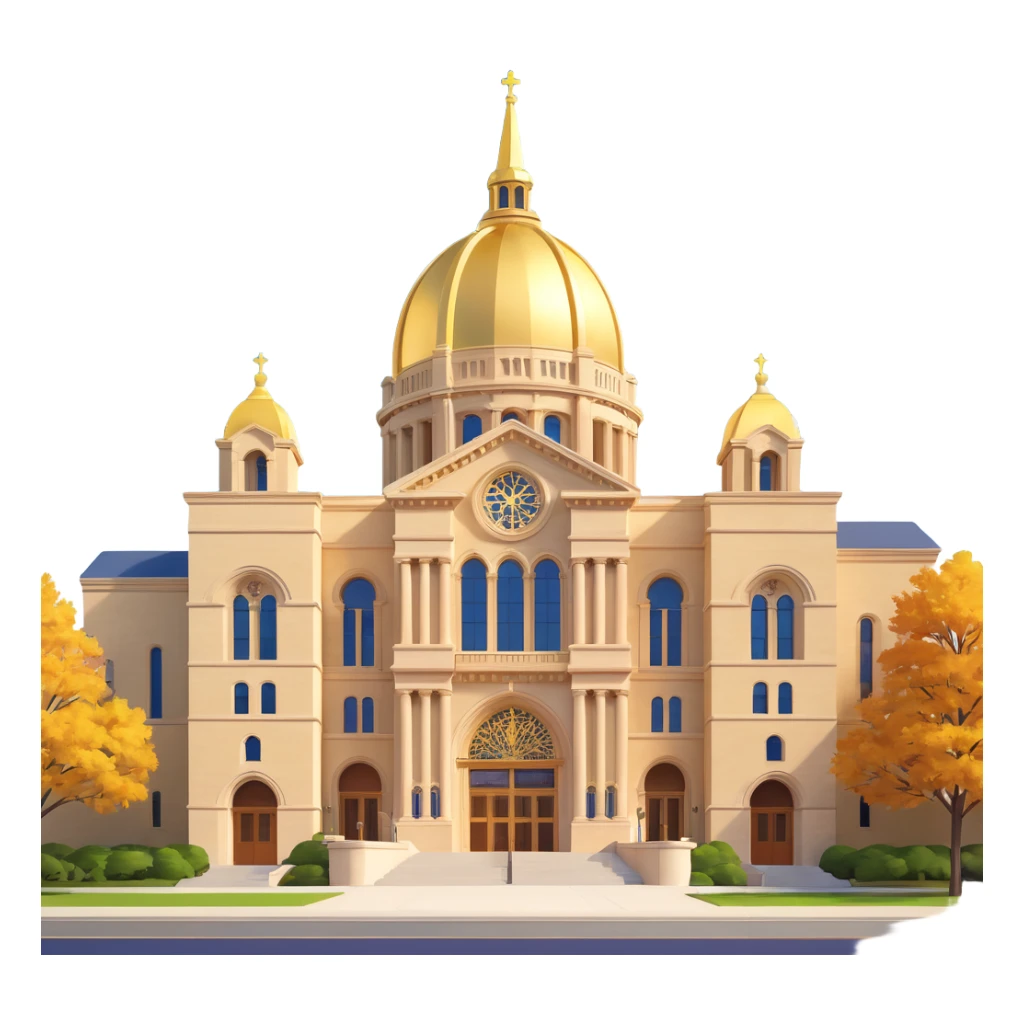 cinematic realistic emoji of the Administration Building at the University of Notre Dame near South Bend Indiana, straight-on perspective, iconic architecture with golden dome, lifelike detail, bright regal lighting on a sunny day, accurate building colors sticker