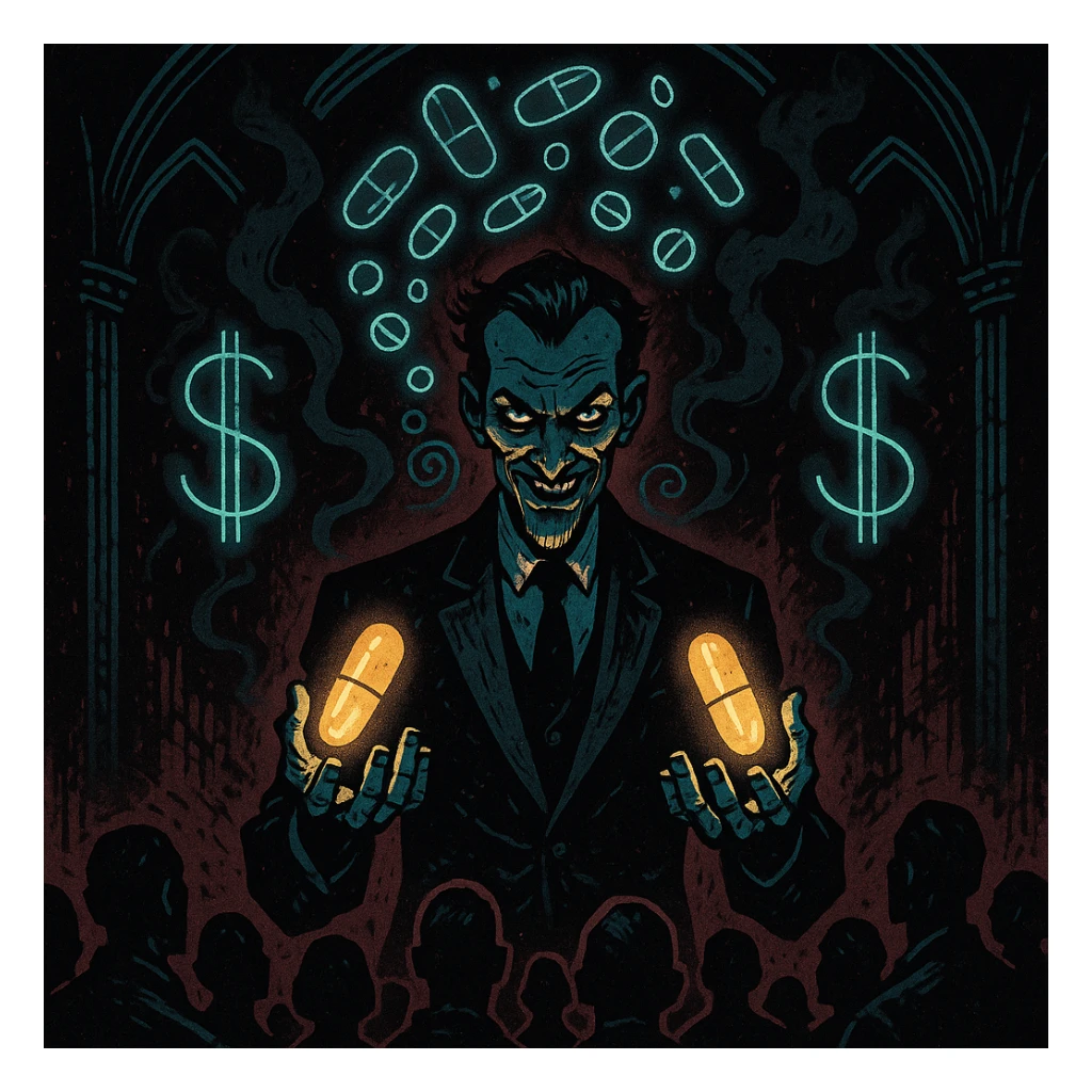 Sinister charismatic man in a tailored suit hypnotizing a crowd with glowing pills in his hands, swirling pharmaceutical symbols, dark smoke forming dollar signs, gothic neon-lit stage, cinematic lighting, hyper-detailed, Mike Mignola meets cyber-noir. Variant 1. sticker