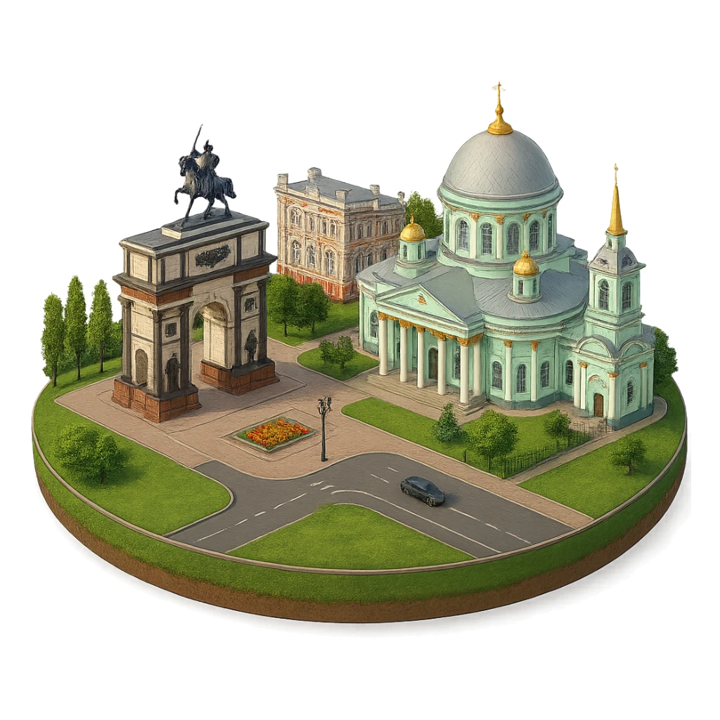 Изометричная, яркая, детализированная и фотореалистичная иллюстрация панорамы города Курска на круглой подставке, Знаменский собор, здание Дворянского собрания, Триумфальная арка в стиле 3D-коллажей городов, чёткие линии, слегка мультяшная стилистика, прозрачный фон, не обрезать края картинки sticker