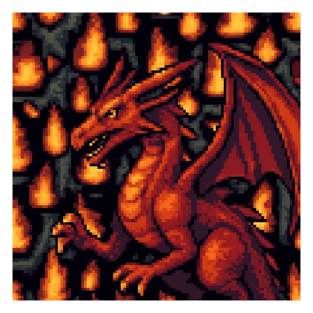 Add a pixel art style dragon to the scene, keep all original colours and lighting sticker