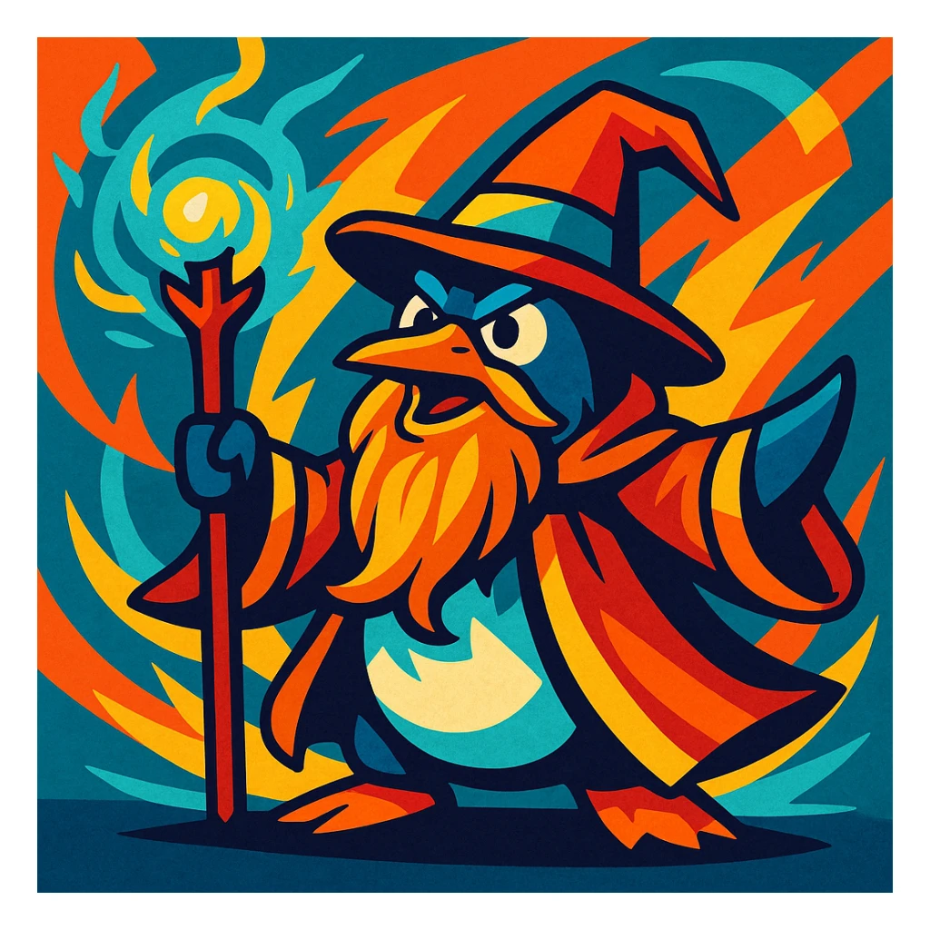 a heroic penguin wizard with a long beard, staff, and magical aura, bold dynamic style, vibrant toon style, strong and energetic colors sticker