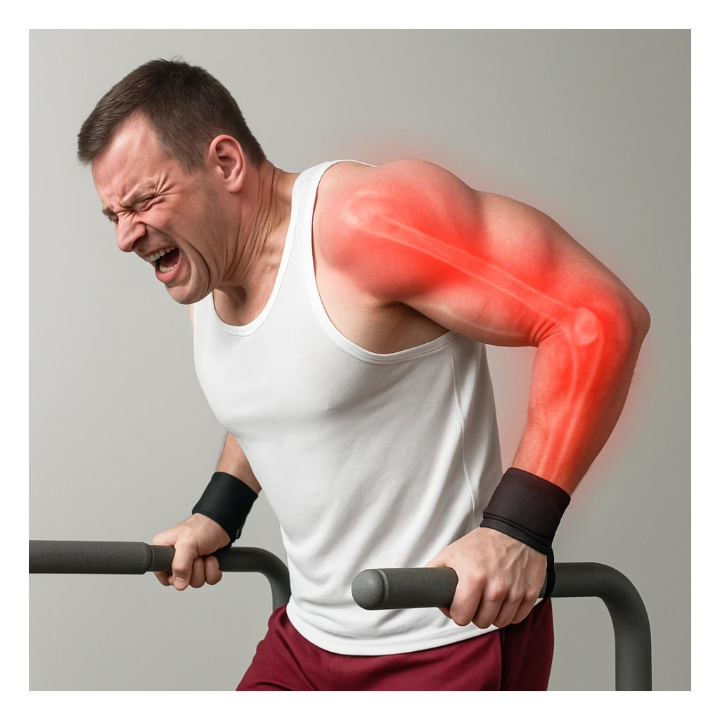 A hyper realistic depiction of a man performing a dip exercise with joint stress highlighted: shoulder, arm, and elbow are emphasized in red with a soft halo effect. The man's face shows an expression of pain. Anatomical details are clear, set in a clinical atmosphere with a neutral background. sticker