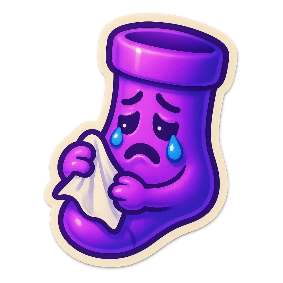 A neon-purple sock with a crying face, holding a tissue, representing crying or sadness. sticker