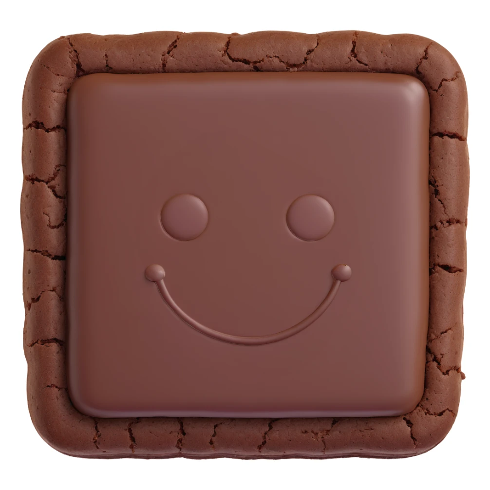 3D chocolate brownie with a smiley face, realistic depth, soft shading, cute and appealing sticker