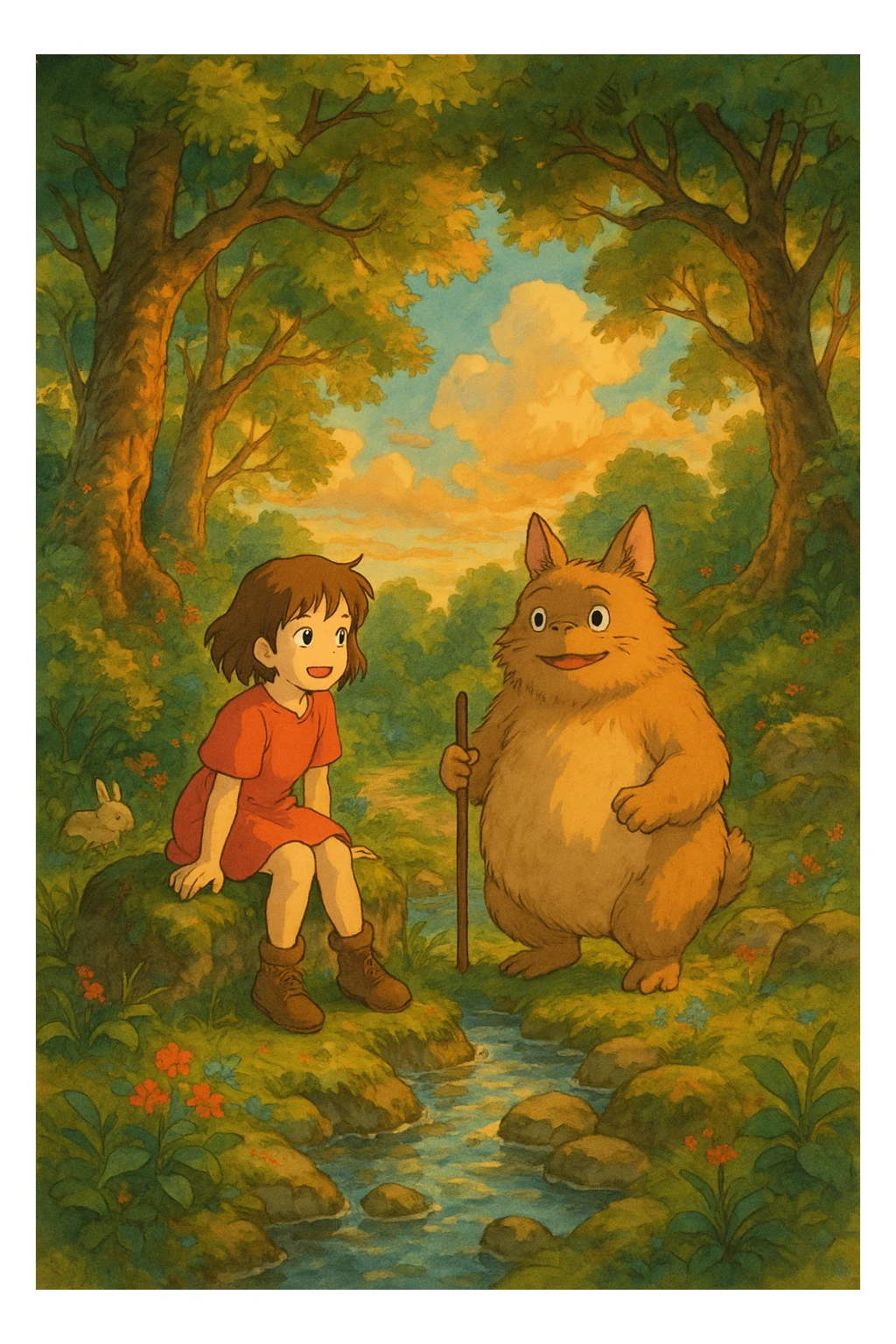 artistic illustration inspired by the previous best variant, in Ghibli style, with original creative background and composition, warm colors, detailed and whimsical sticker