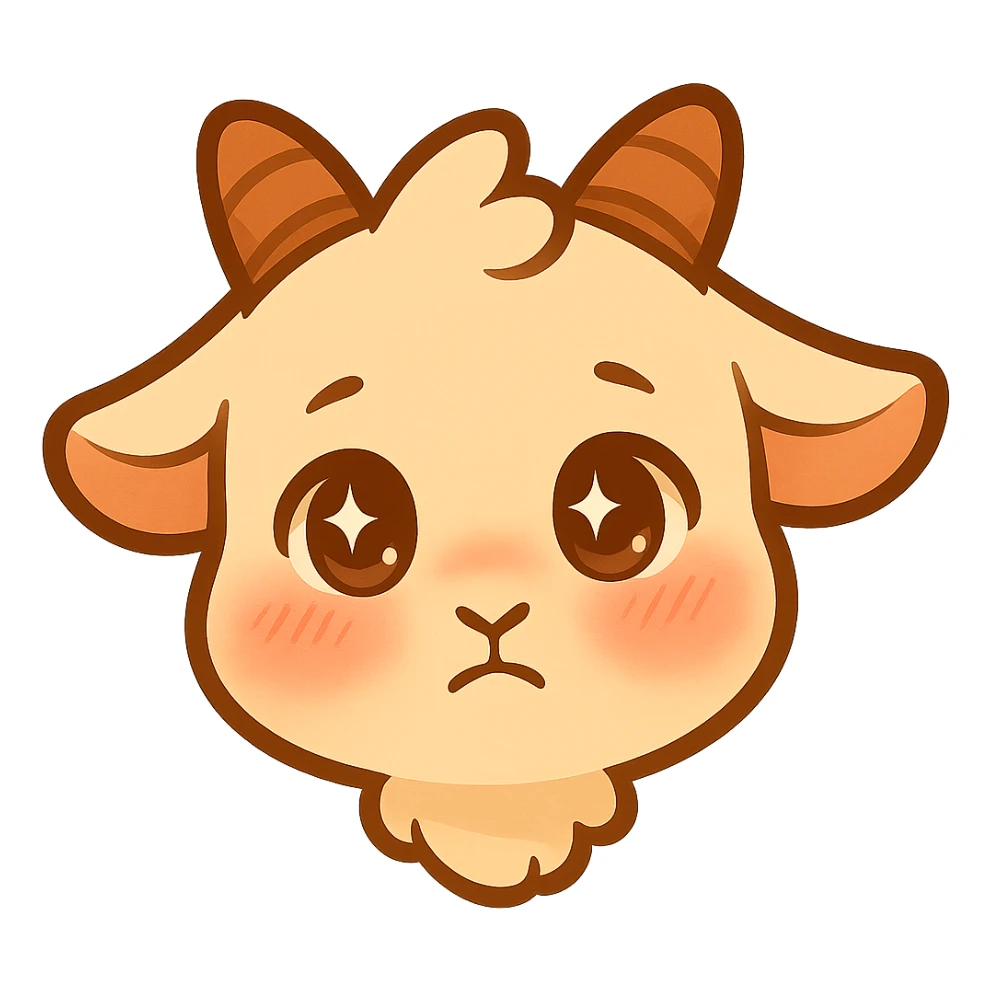 Edit the chibi goat head to have a shy and bashful expression with shining, sparkling eyes and a slight blush. Keep the simple, clean chibi stickers style and maintain a white background. Designed for a small emote. sticker