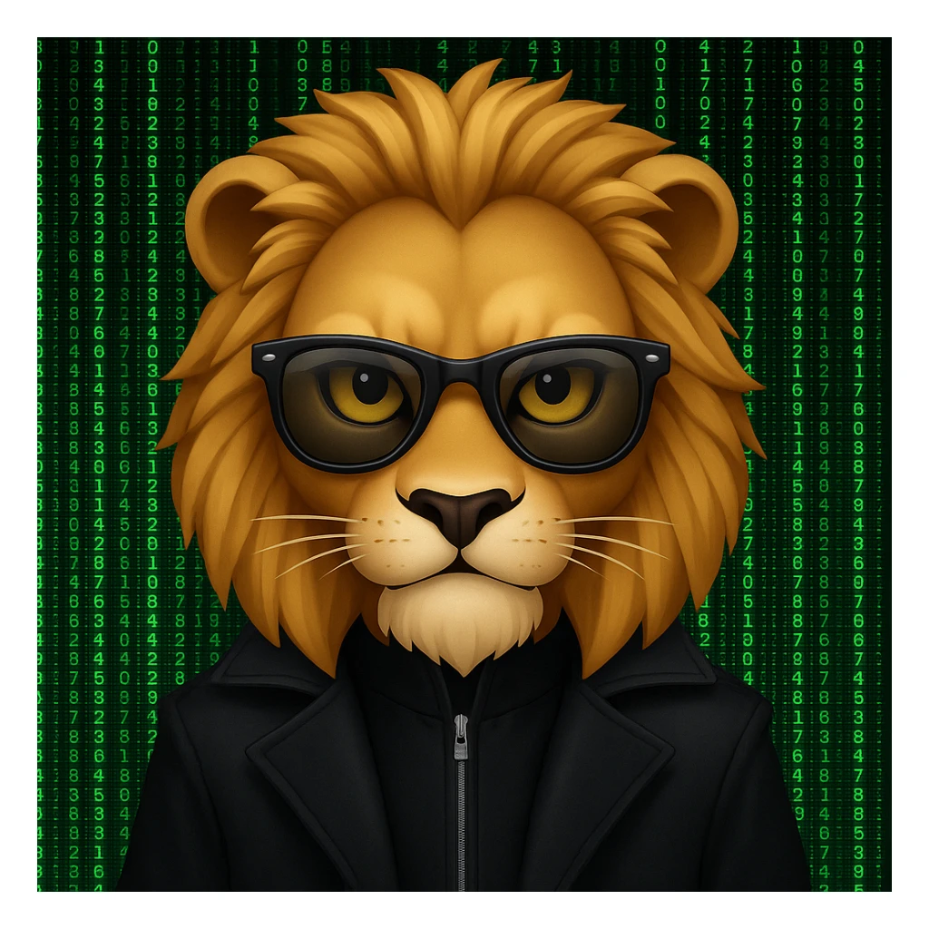 Add a green Matrix code background behind the lion-headed Neo, keeping the emoji style look and feel. sticker