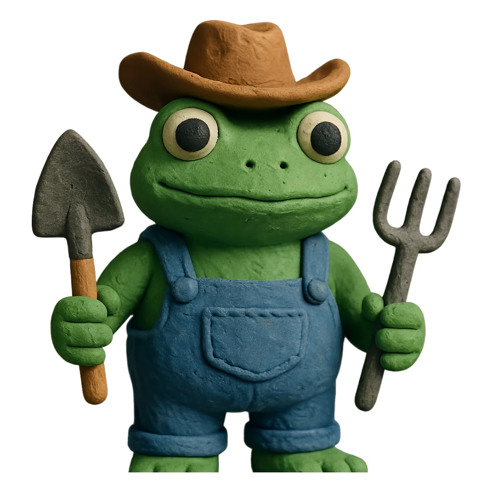 frog with cowboy hat, denim overalls, and gardening tools sticker
