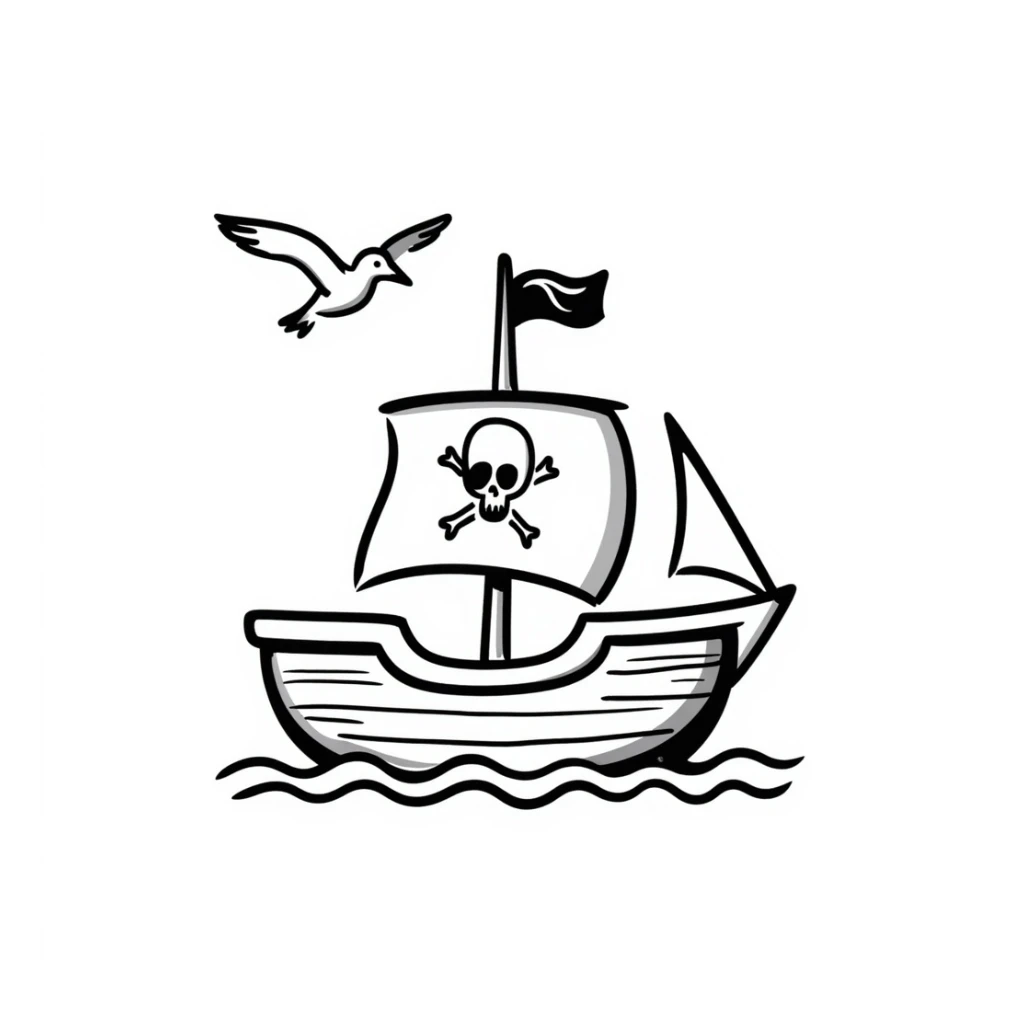 hand-drawn doodle style pirate ship with sketchy lines and playful flag sticker