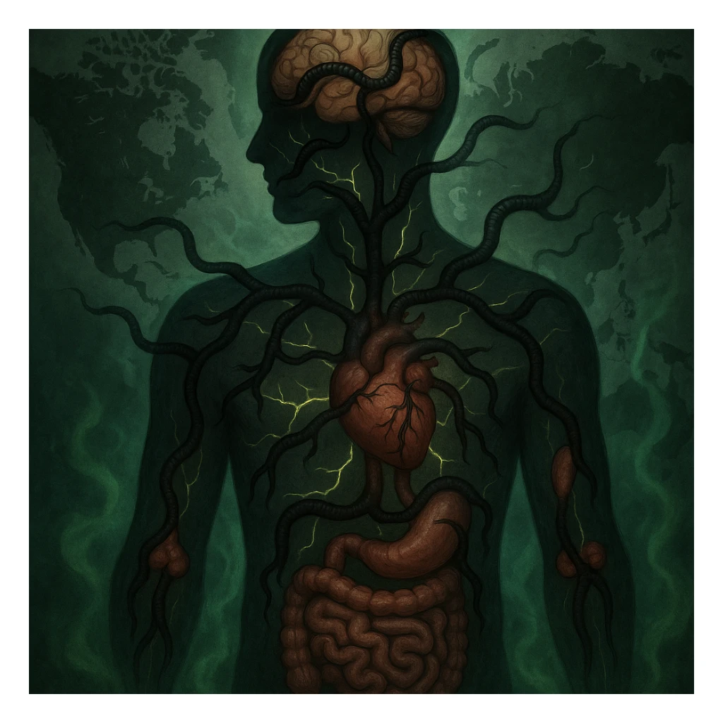 semi-realistic, allegorical; human silhouette with visible organs, dark worm-like parasites branching into brain, heart, gut, joints, world map background, glowing cracks, green mist, medical-fantasy sticker